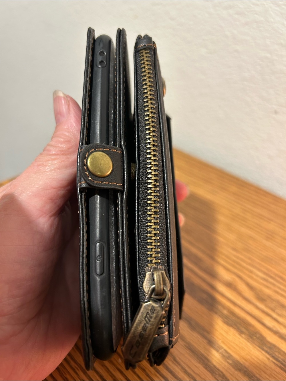 Leather Compact Wallet in Brown with Brass Hardware - Picture 2 of 9